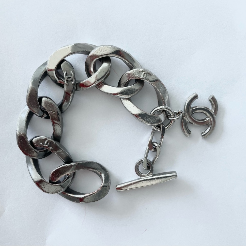 Authentic CHANEL Chain Link CC Bracelet Two-Tone Silver color Brushed